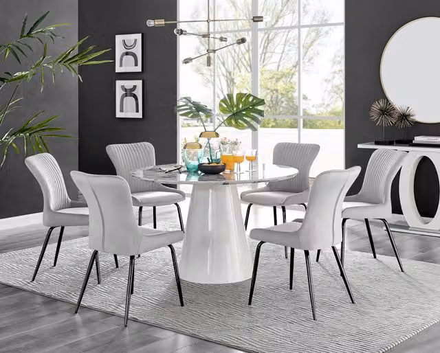 Furniturebox Palma White Marble Effect Round Dining Table and 6 Nora Black Leg Chairs in Light Grey