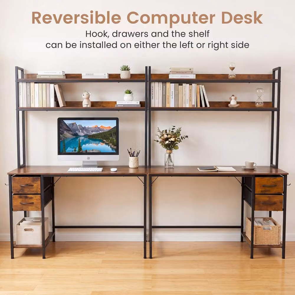 Gymax Industrial Reversible Executive Writing Desk with Hutch and Drawers, Brown – 2