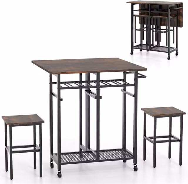 COSTWAY Extendable Square Wood Kitchen and Dining Room Table and Chair Set in Brown