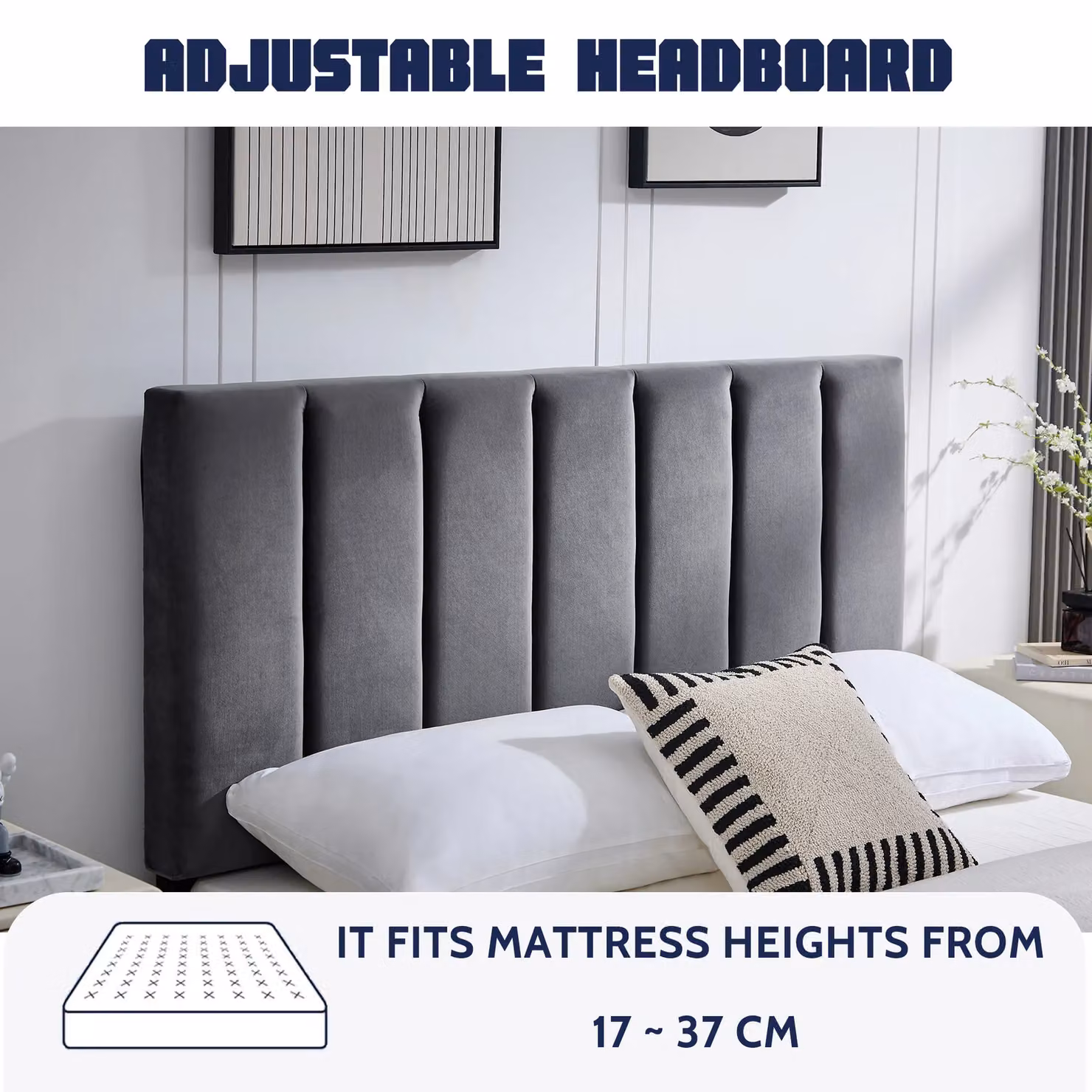 FURNITURE ONE Modern Upholstered Platform Bed Frame in Grey, W/D/H: 180 x 200 x 118 cm – 3