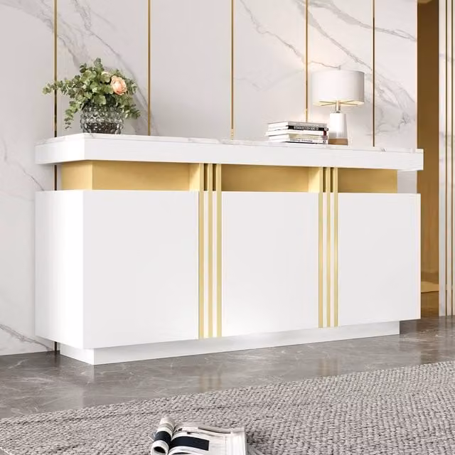 ModernLuxe Modern White Sideboard Cabinet with Faux Marble Top, 3 Doors and Shelves, W/D/H: 140 x 38 x 70 cm