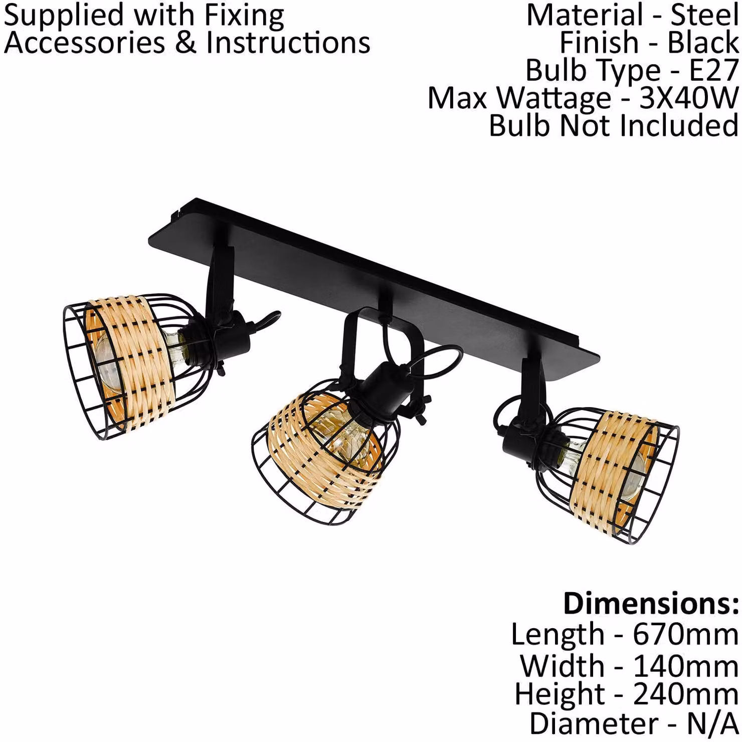 Loops Black and Wicker Adjustable Ceiling Spot Light and 2x Matching Wall Lights Set – 2