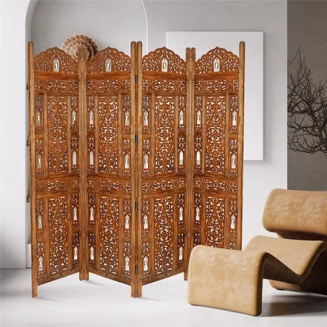 Topfurnishing 4 Panel Heavy Carved Wooden Room Divider Screen with Floral Oriental Design in Brown and White