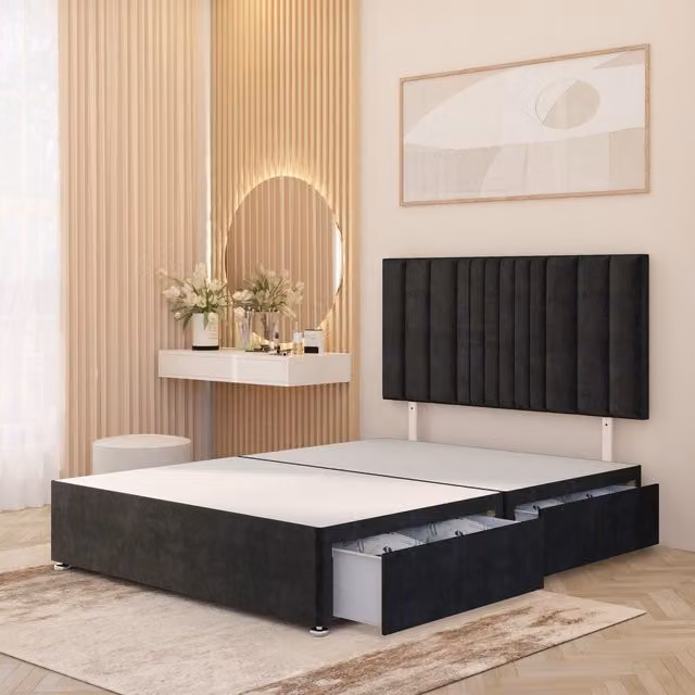 Somnior Beds Ltd Arizona Modern Upholstered Velvet Divan Bed Base with Drawers in Black, W/D: 120 x 200 cm