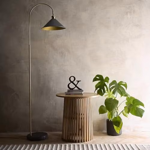 K LIVING Derby Floor Lamp in Grey and Gold/Brass Finish, Modern Metal Cone Design for Living Room, Bedroom or Home Office, H 165 cm x W 22 cm x D 22 cm