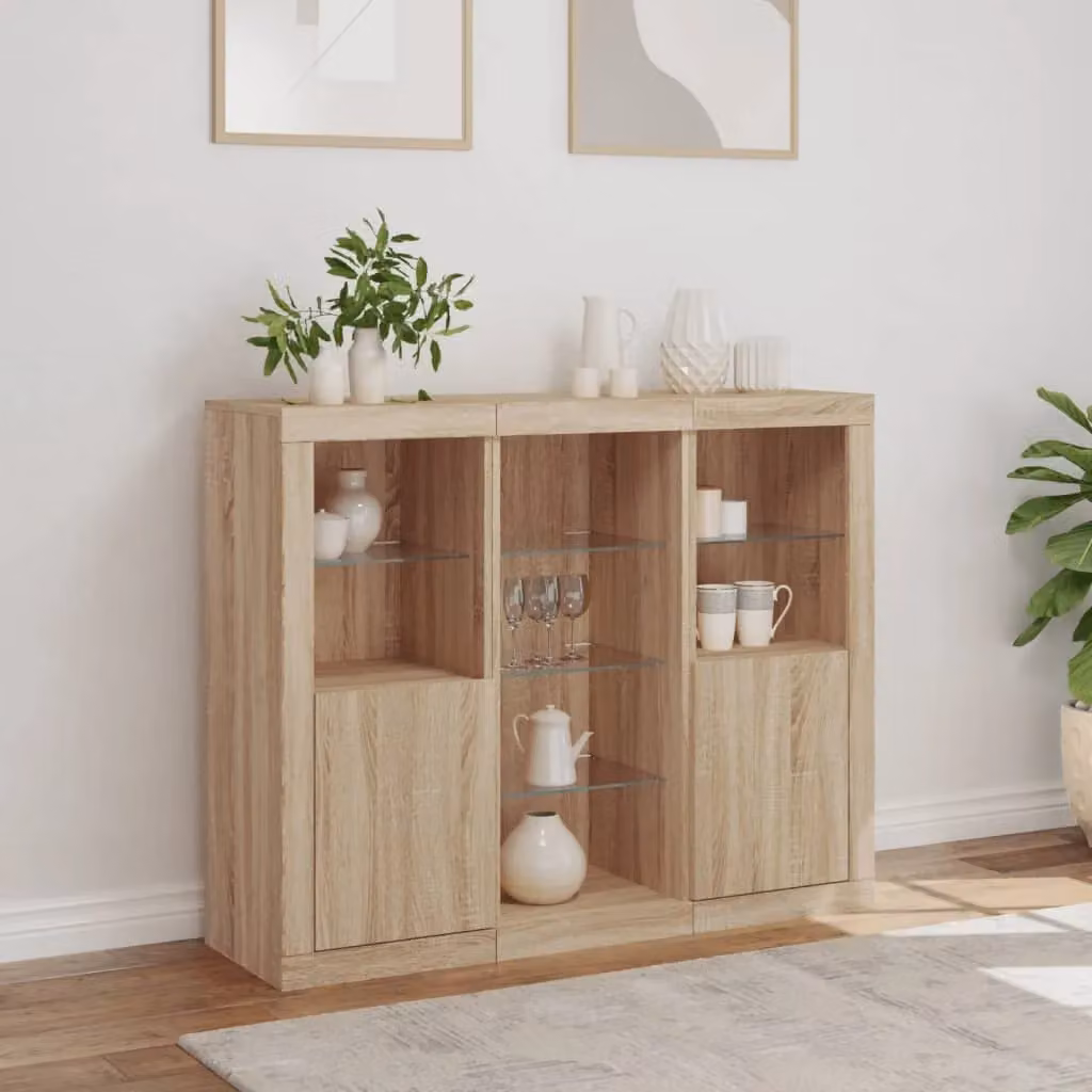 Berkfield Home Set of 3 Modern Sonoma Oak Sideboards with Integrated LED Lighting in Brown – 3