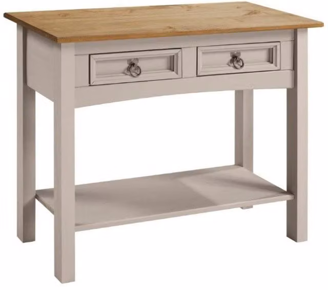 Mercers Furniture Corona 2 Drawer Console Table with Shelf in Distressed Grey Waxed Solid Pine Wood