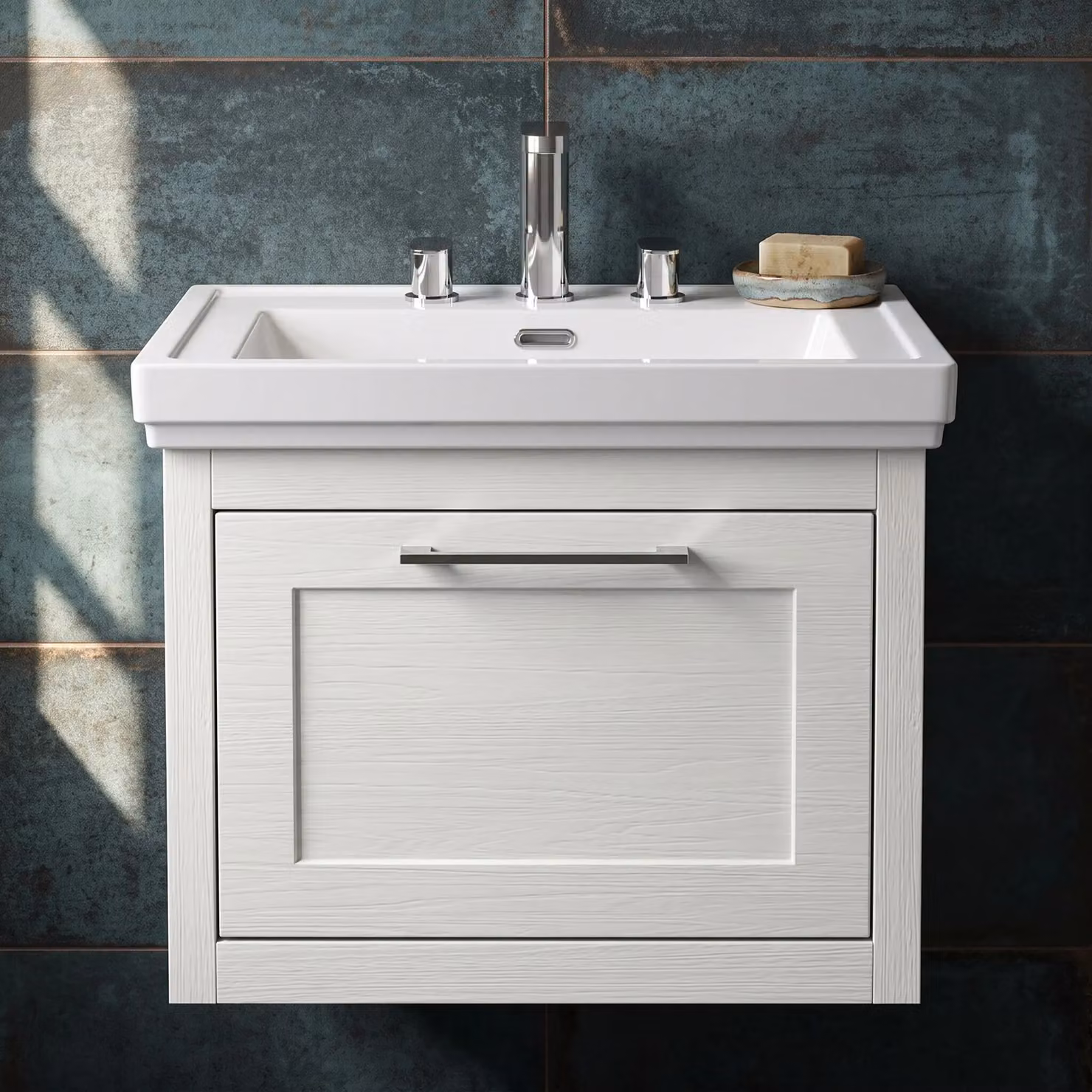 Balterley Wall Hung 1 Drawer Vanity Unit and 3TH Fireclay Basin, White, W: 60 cm – 5