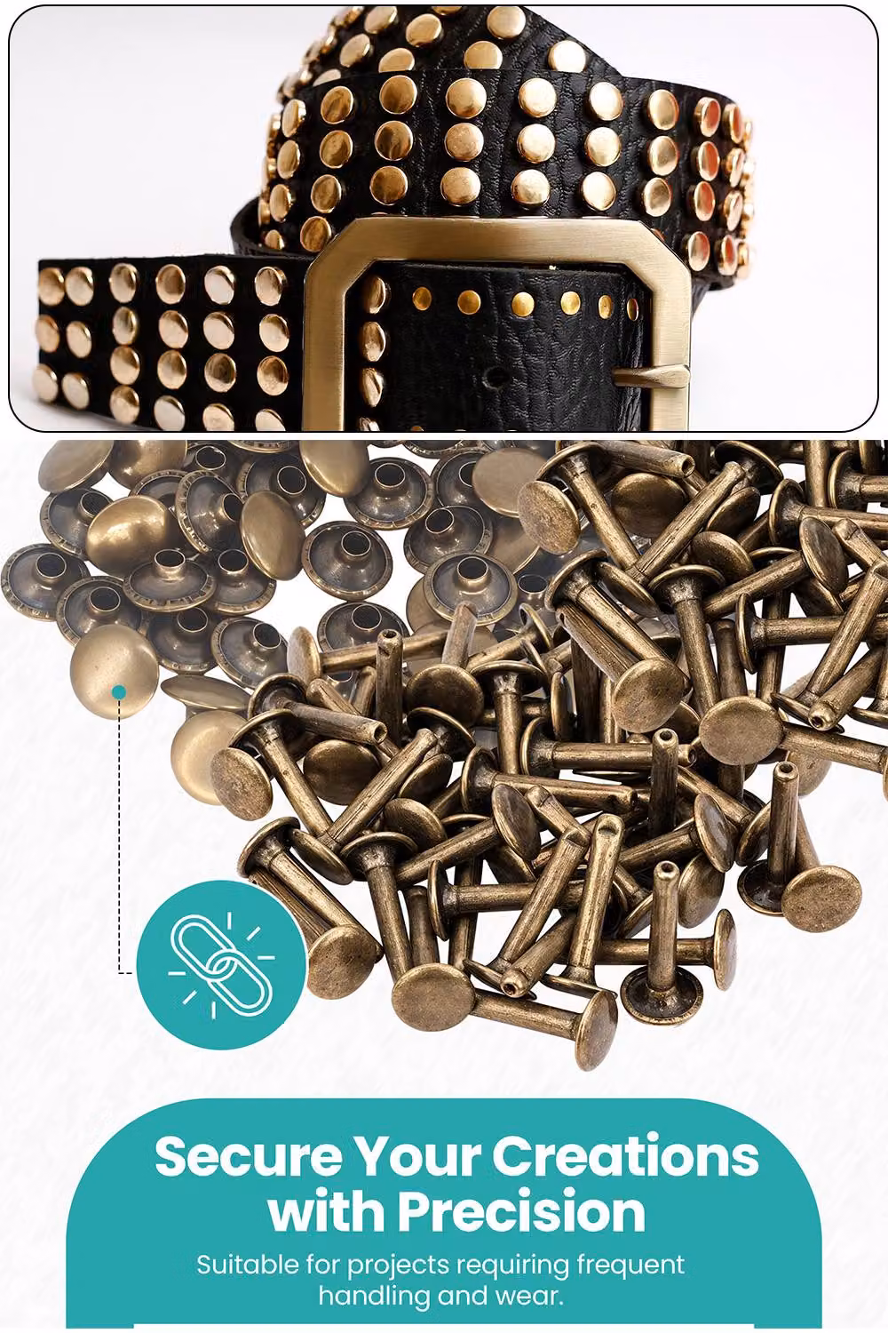 Neel Blue Double Cap Rivets, Extra Long Tubular Metal Studs in Bronze and Blue, 50pcs, W: 10 mm, D: 18 mm – 3