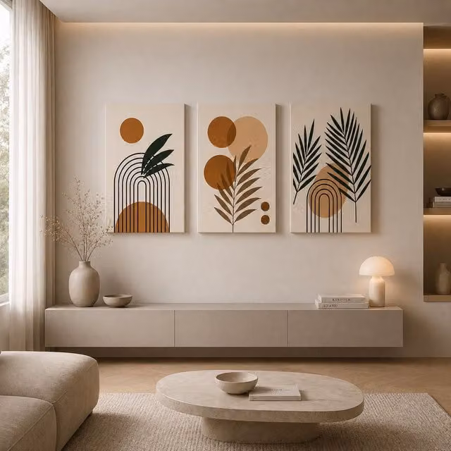 Mafett Set of 3 Botanical Sun Leaf Abstract Canvas Wall Art, Multicolour, W/H: 59.4 x 84.1 cm – 1