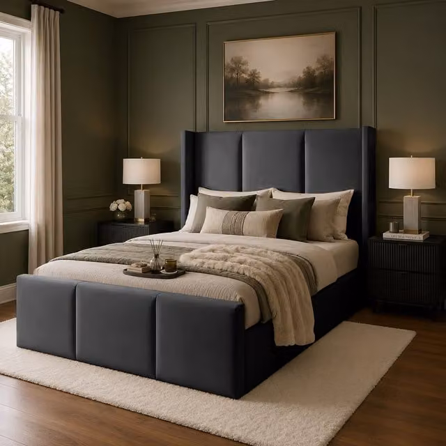 Desire Deco Grayson Luxury Upholstered Wingback Bed Frame in Blue Velvet, W/D/H: 90 x 190 cm