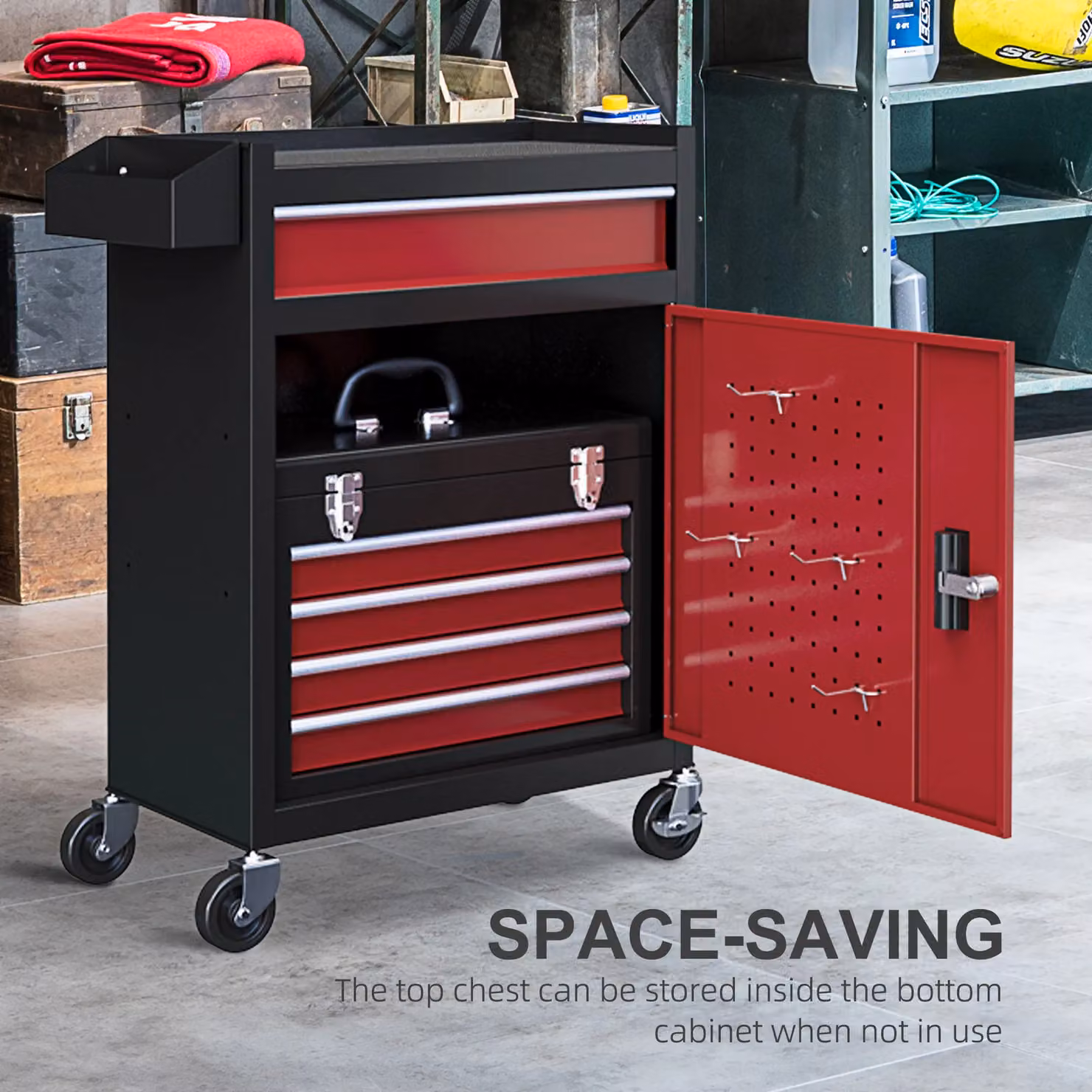 HOMCOM Rolling Tool Cabinet with 5 Lockable Drawers in Red Steel, W/D/H: 60.0 x 28.0 x 105.0 cm – 4