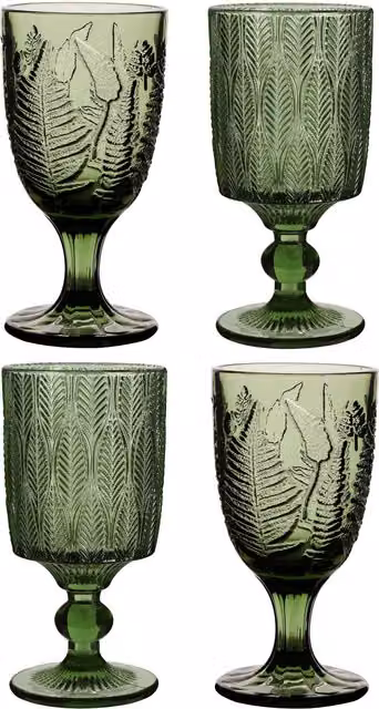 Dibor Set of 4 Green Embossed Floral Wine Glass Goblets, 230ml per glass