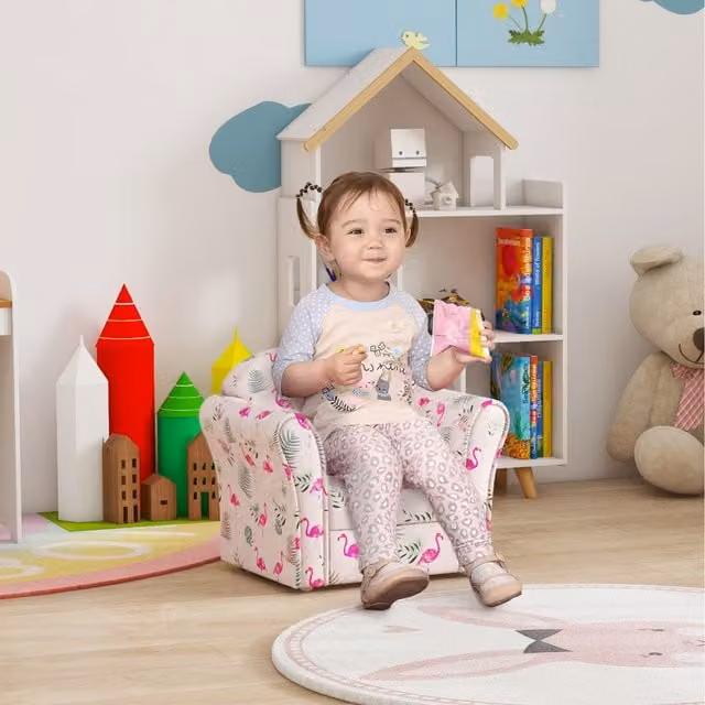 AIYAPLAY Kids Sofa Chair in Pink Floral Fabric with Foam Padding and Solid Wood Frame
