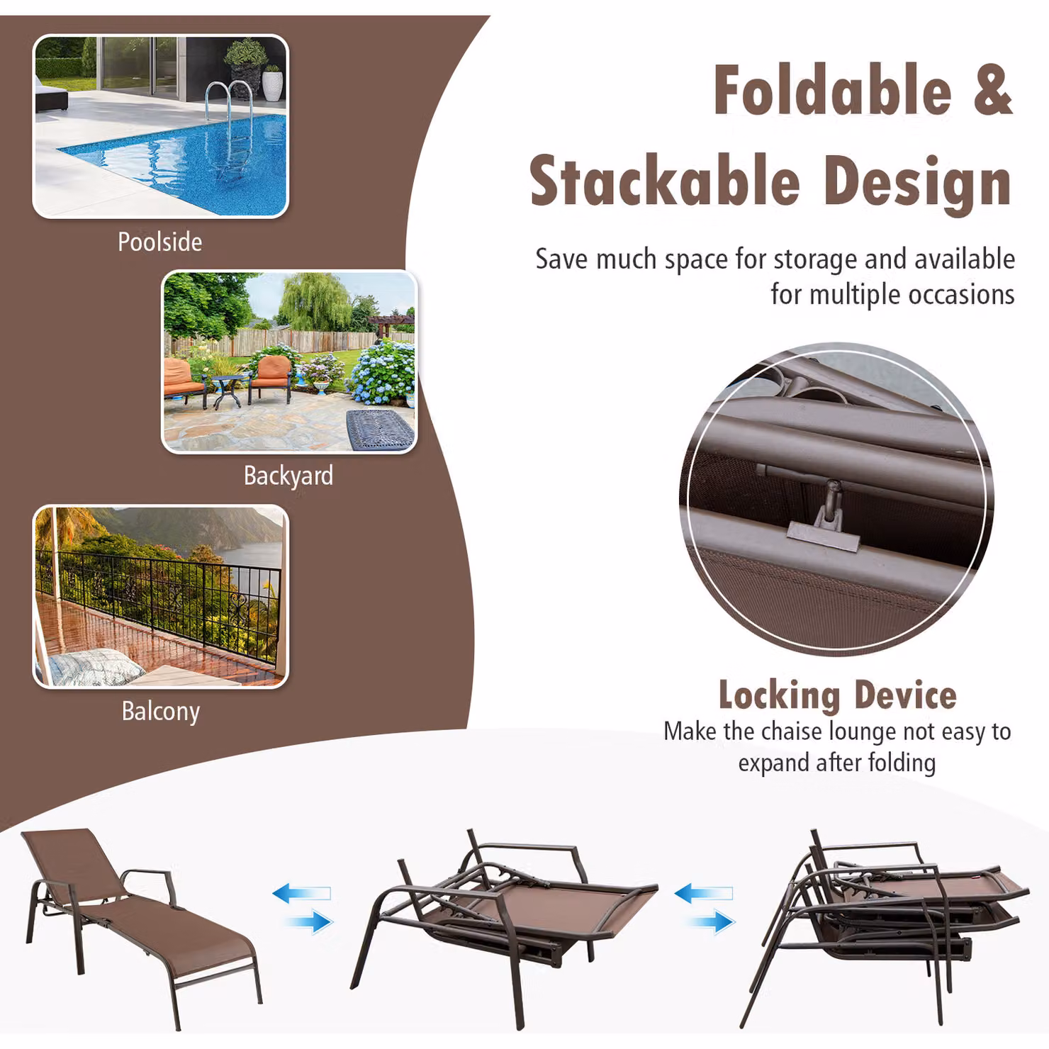 Costway Set of 2 Brown Patio Reclining Chairs with Adjustable Headrests and Armrests – 2