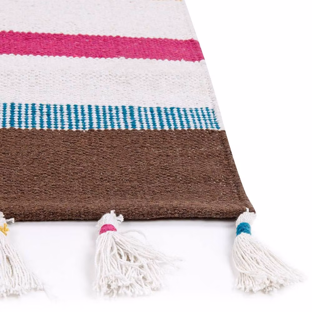 Wyld and Coco Handwoven Multicolour Striped Cotton Rag Rug with Fringes, W: 80 cm, L: 150 cm – 3
