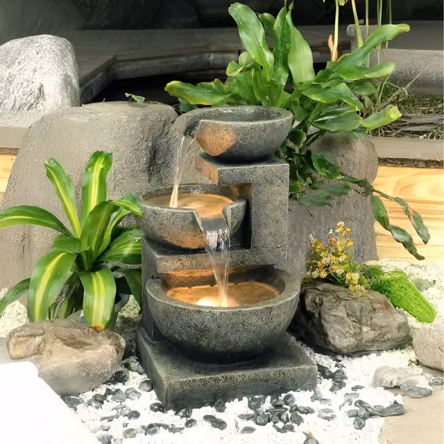 Primrose Kendall 3 Tier Cascading Tabletop Water Feature with Lights in Brown and Grey