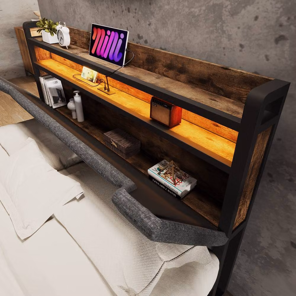 Rolipo Grey Linen Double Bed Frame with LED Lighting, USB Charging Ports and Drawers, W/D/H: 140 x 200 cm – 7