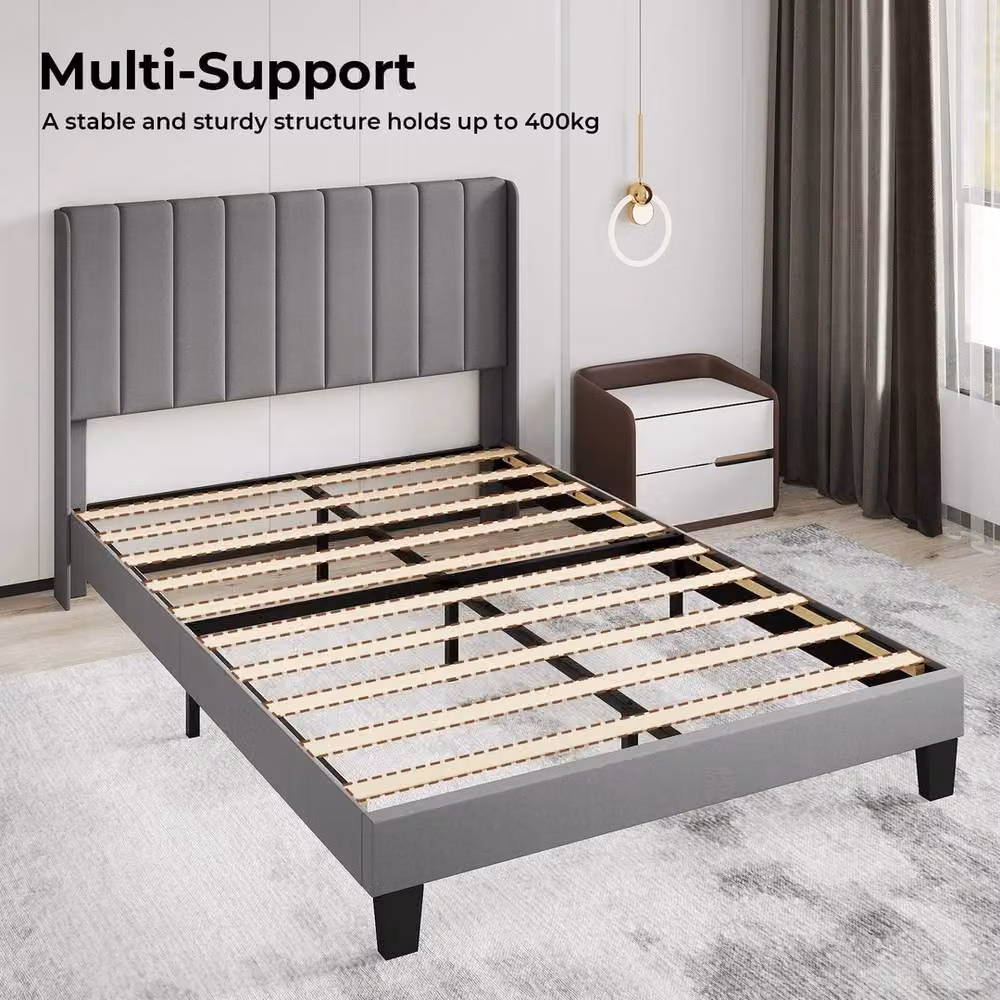 VOGREX Grey Plush Double Bed Frame with Soft Headboard in Metal and Wood, W/D/H: 141 x 200 x 104.5 cm – 3