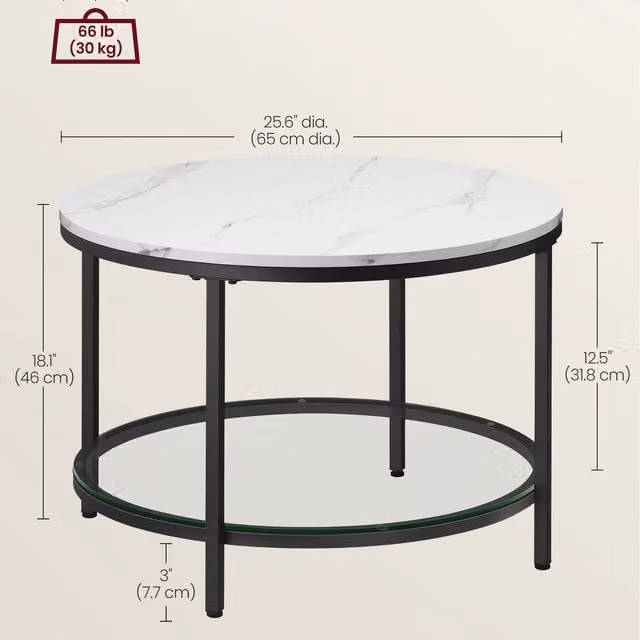 VASAGLE Modern Round Coffee Table with Glass Shelf in White and Black