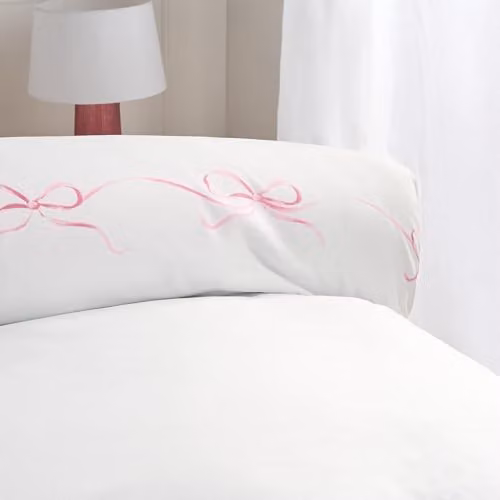 OHS King Size Bow Border Microfibre Duvet Cover and Pillowcase Set, White and Pink, W/D/H: 180 x 200 cm, Pillowcases: 50 x 75 cm – 2