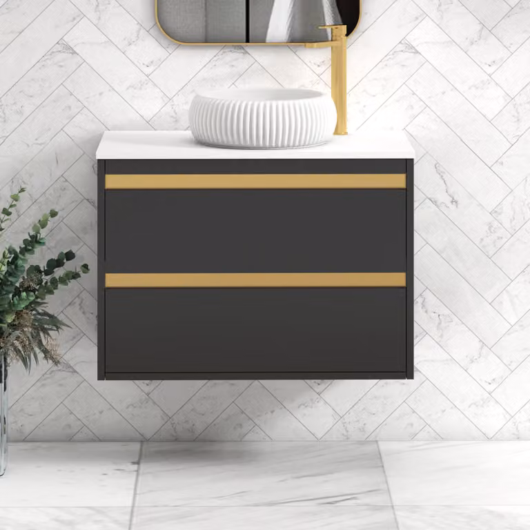 Royal Bathrooms Orion 800mm Wall Hung Vanity Unit with Milan Basin in Matt Obsidian Black and White with Brushed Brass Accent Trim