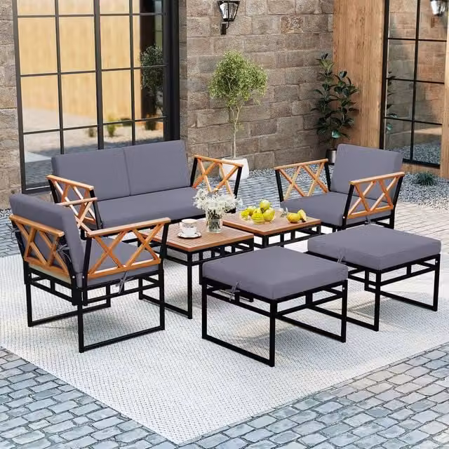 Gymax 7-Piece L-Shape Sectional Garden Sofa Set with Coffee Table and Ottoman in Brown – 1
