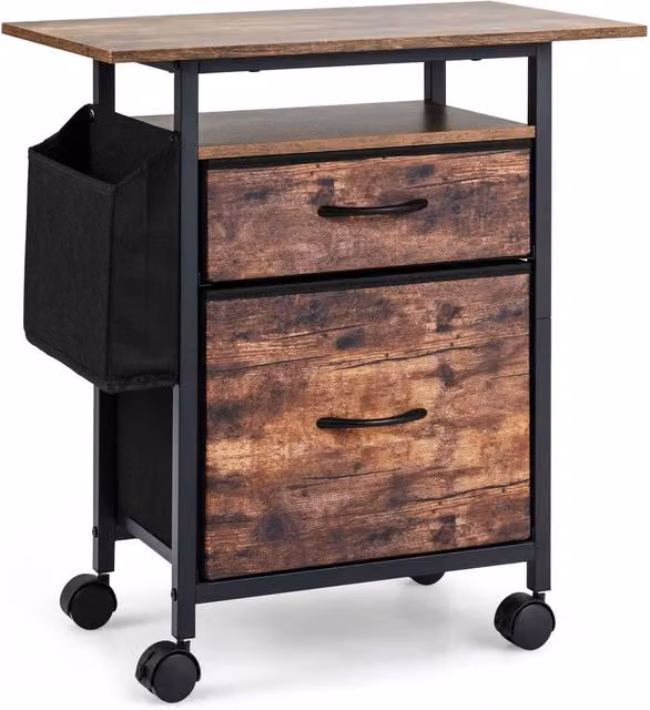 Costway 2-Drawer Mobile File Cabinet and Rolling Printer Stand with Side Bag in Brown