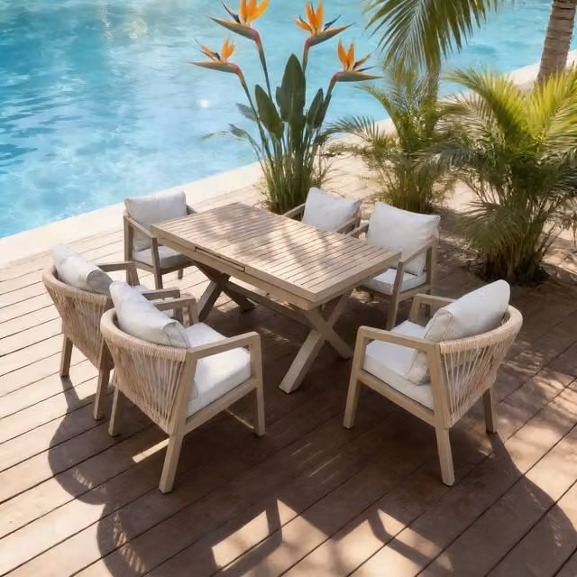 Furniture One Modern Aluminum Garden Furniture Set in Natural Beige and Yellow with 1 Table and 6 Chairs