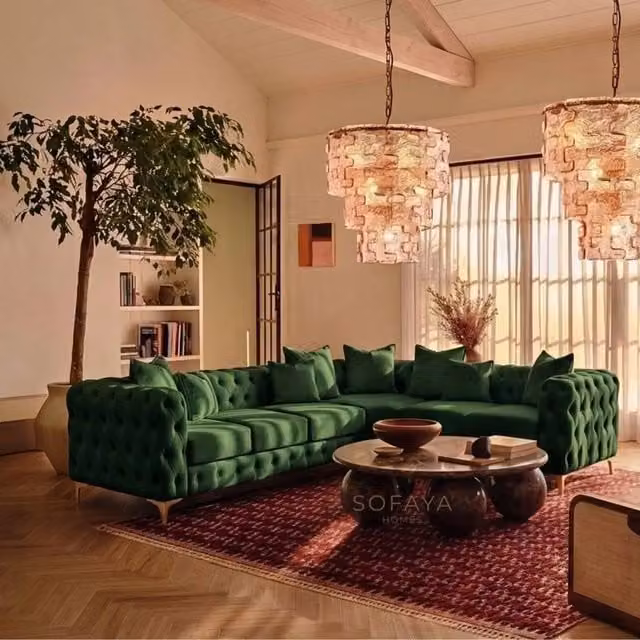 Sofaya Monaco Chesterfield 6 Seater Right Hand Corner Chaise Sofa in Green Velvet – 1