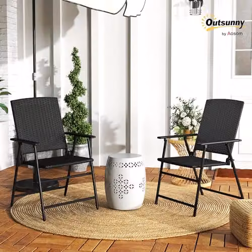 Outsunny Set of 2 Black PE Rattan Folding Garden Chairs with Armrests – 2