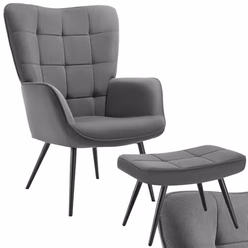 tectake Scandi Style Armchair with Integrated Footstool in Anthracite and Black Corduroy Fabric – 1
