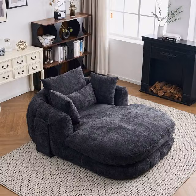 Matteo Oversized Plush Chenille Chaise Lounge Sofa in Black