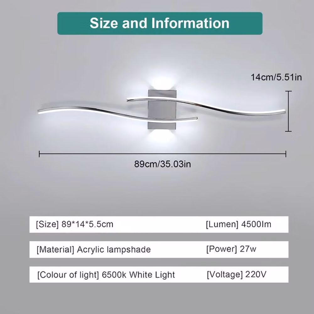 Goeco LED Wall Light in Silver, 27W, 6500K Cool White, Length: 89 cm – 2