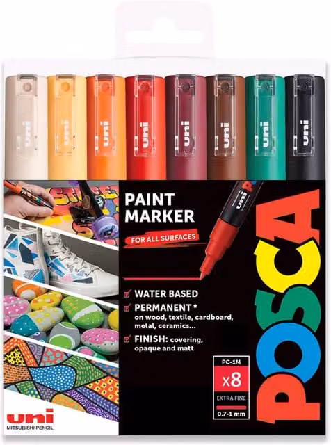 POSCA PC-1M Paint Marker Art Pen Set, 8-Piece Autumn Multicolour Wallet, 0.7mm Bullet Tip