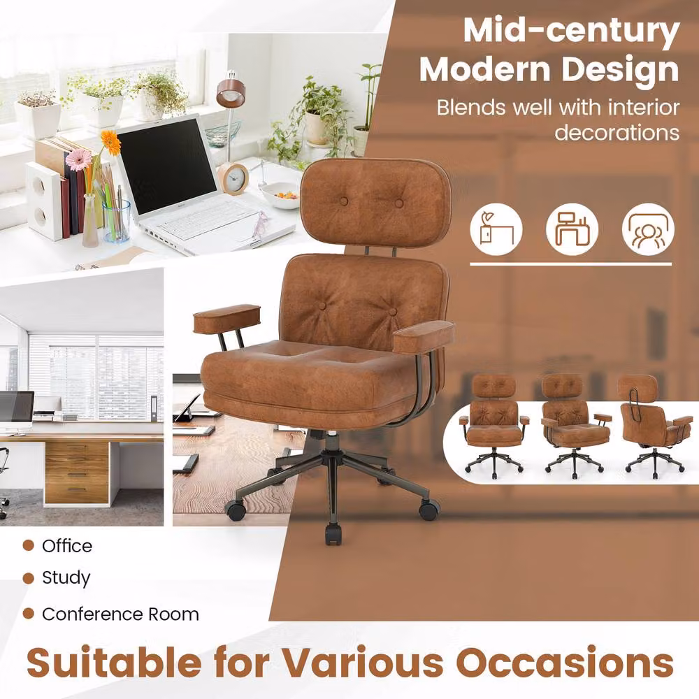 Costway Ergonomic Mid-Century Home Office Swivel Chair with Headrest in Brown – 10