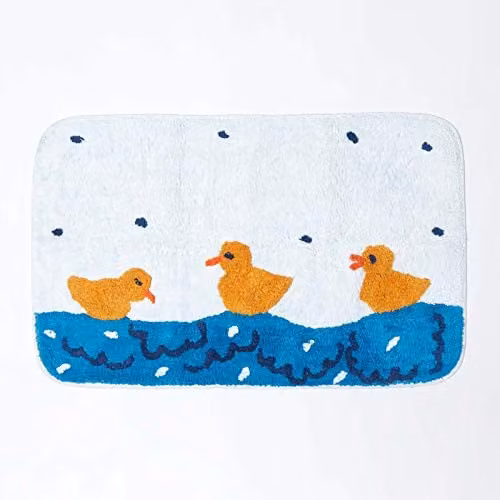 Homescapes Duck Pond Bath Mat, Blue and Multicolour, W: 45 cm, D: 75 cm, 100% Cotton, Non-Slip and Washable – 1