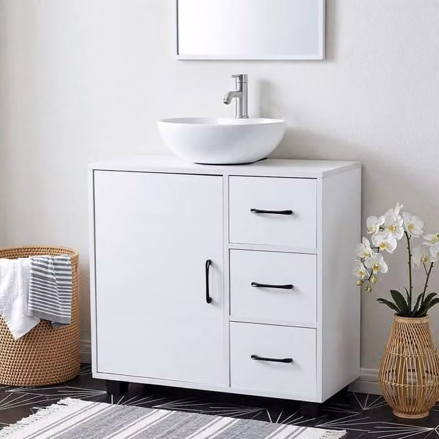 NESTLUNE White Under Sink Bathroom Basin Unit with Hinged Doors and Drawers, W/D/H: 70.0 x 30.0 x 64.0 cm