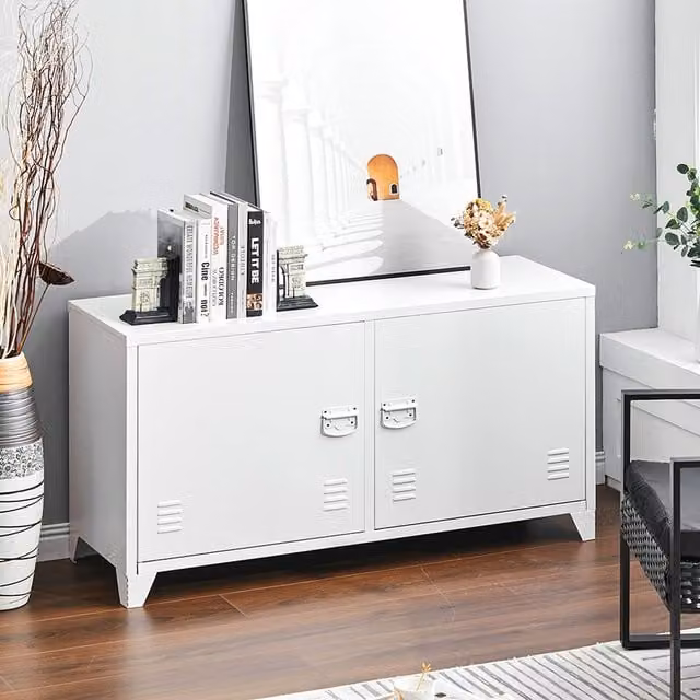Livingandhome Modern White Metal Freestanding Storage Cabinet