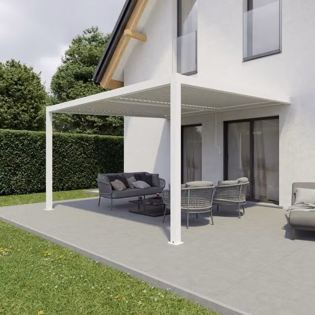 Agadon White Aluminium Wall Mounted Lean-to Pergola Shading System W/D/H: 400 x 400 x 400 cm