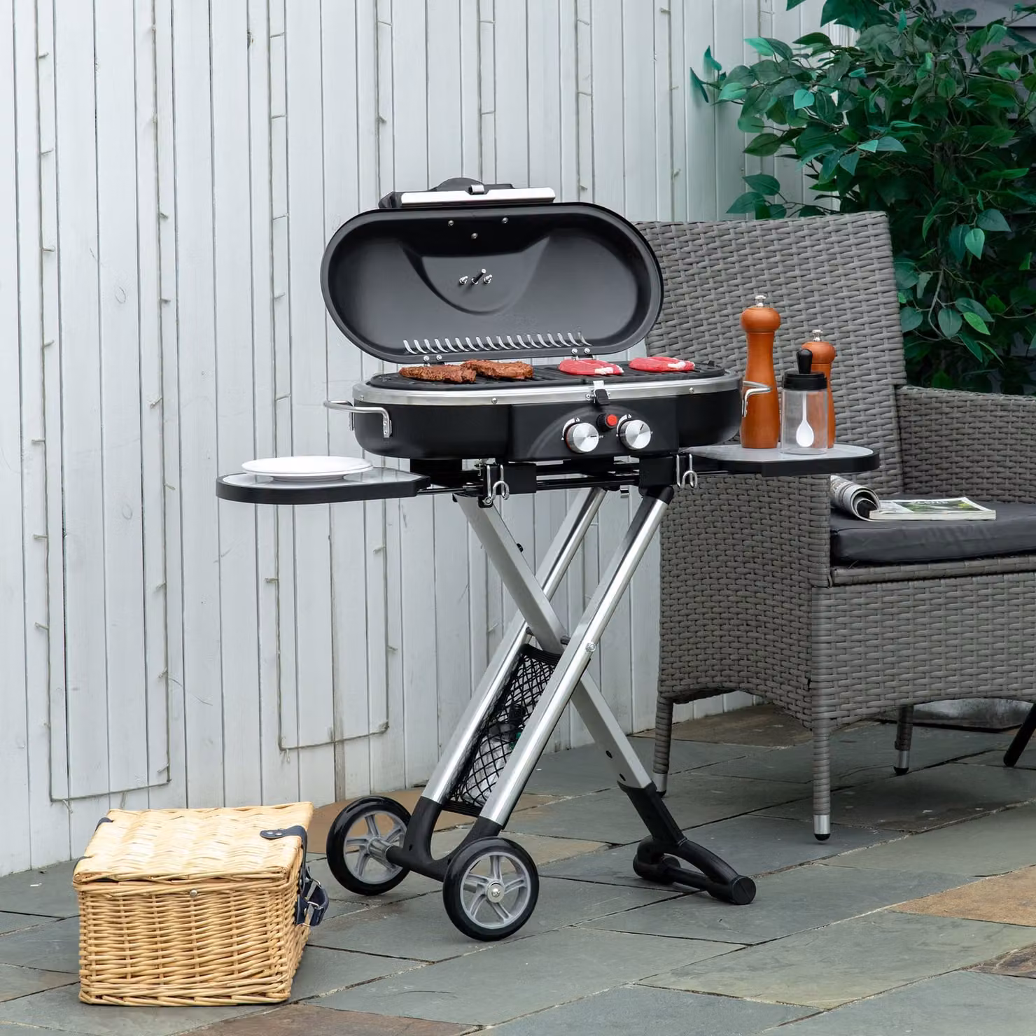 Outsunny 2 Burner Foldable Gas BBQ Grill Trolley in Black with Lid, Side Shelves, Piezo Ignition and Thermometer – 2
