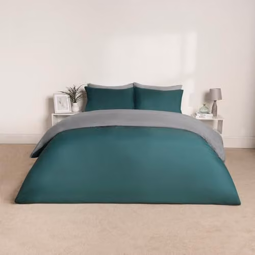 OHS Reversible Plain Microfibre Duvet Cover and Pillowcase Set in Petrol Blue and Grey, Double W/D/H: 200 x 200 cm – 2