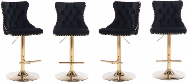 Modern Home Touch Set of 4 Luxury Velvet Adjustable Swivel Bar Stools with Gold Metal Base in Black – 1