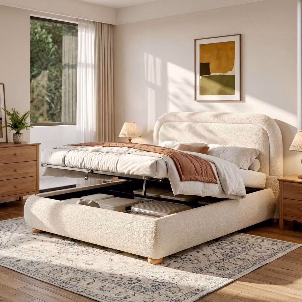 Matteo King Size Ottoman Storage Bed Frame in Beige Bouclé Upholstery W/D/H: 180 x 200 x 150 cm – 3
