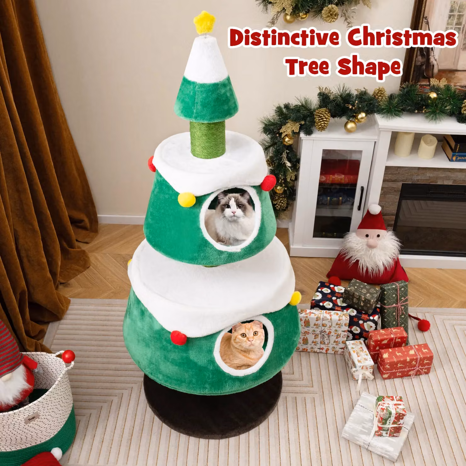 Costway Christmas Cat Tree with 2 Condos and Integrated Toys in Green – 6