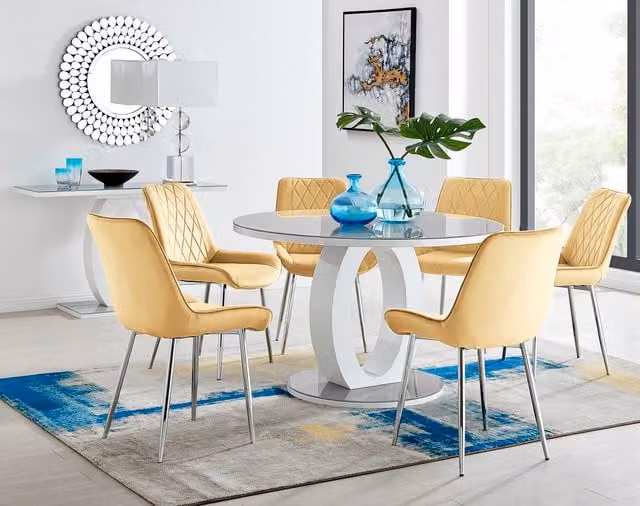 FurnitureboxUK Giovani Round Grey Glass Dining Table with 6 Mustard Yellow Velvet Pesaro Silver Leg Chairs