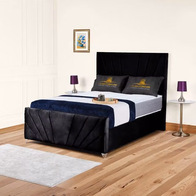 UK Bed Furniture Sunrise Upholstered Slatted Base Bed in Black Velvet, King Size (W/D/H: 180 x 200 cm)