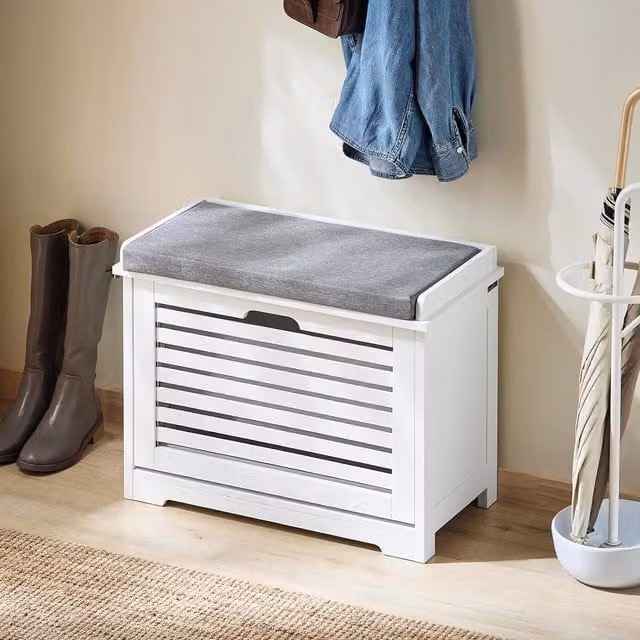SoBuy White Modern Shoe Cabinet with Fabric Seat Cushion and Flip-drawers