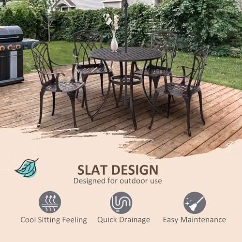 Outsunny 5 Piece Modern Garden Bistro Set with Round Coffee Table and 4 Chairs in Brown and Black Powder Coated Aluminium – 5