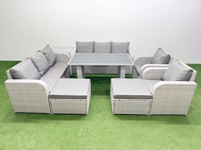 Fimous 10 Seater Rattan Outdoor Reclining Furniture Set in Light Grey